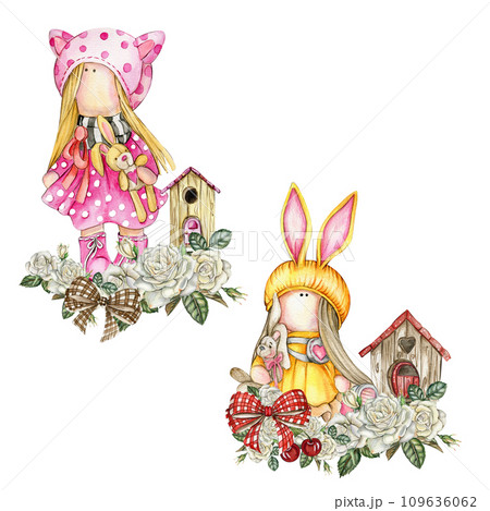 Composition of doll Tilda in dress and dahlia flowers. Hand drawn watercolor illustration. Design for baby shower party, birthday, cake, holiday celebration design, greetings card, invitation, sticker 109636062