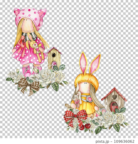 Composition of doll Tilda in dress and dahlia flowers. Hand drawn watercolor illustration. Design for baby shower party, birthday, cake, holiday celebration design, greetings card, invitation, sticker 109636062