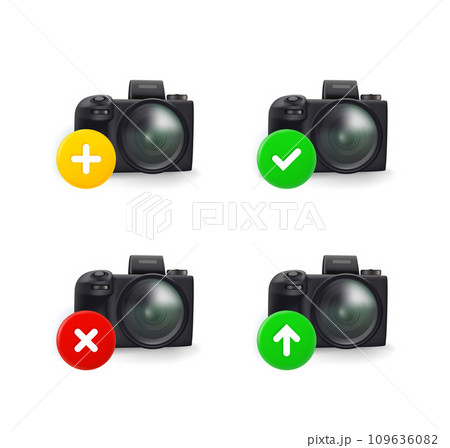 Camera icons set with different pictograms. 3d vector icons set isolated on white background 109636082
