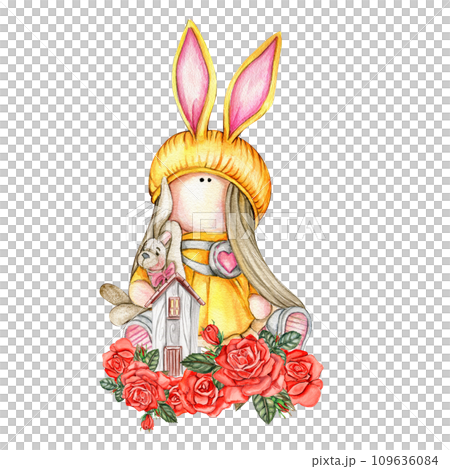 Composition of doll Tilda in dress and dahlia flowers. Hand drawn watercolor illustration. Design for baby shower party, birthday, cake, holiday celebration design, greetings card, invitation, sticker 109636084