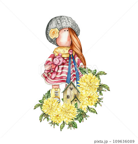 Composition of doll Tilda in dress and dahlia flowers. Hand drawn watercolor illustration. Design for baby shower party, birthday, cake, holiday celebration design, greetings card, invitation, sticker Composition of doll Tilda in dress and dahlia flowers. Hand drawn watercolor illustration. Design for baby shower party, birthday, cake, holiday celebration design, greetings card, invitation, sticker 109636089