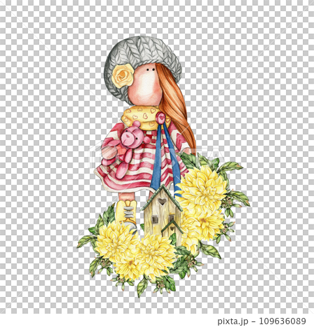Composition of doll Tilda in dress and dahlia flowers. Hand drawn watercolor illustration. Design for baby shower party, birthday, cake, holiday celebration design, greetings card, invitation, sticker Composition of doll Tilda in dress and dahlia flowers. Hand drawn watercolor illustration. Design for baby shower party, birthday, cake, holiday celebration design, greetings card, invitation, sticker 109636089