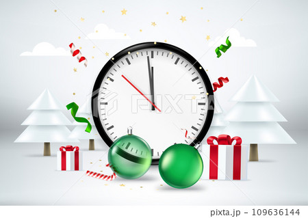 Happy new 2024 year concept. Bright room with holiday elements and clock. 3d style vector banner Happy new 2024 year concept. Bright room with holiday elements and clock. 3d style vector banner 109636144