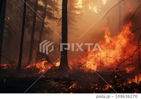 The flames of a forest fire spreading through the trees. AI generated. The flames of a forest fire spreading through the trees. AI generated. 109636270