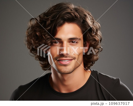 a young male with curly hair smiling and frowning 109637017