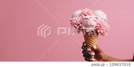 a hand holds a pink ice cream cone in front of a pink flower 109637018