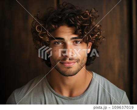 a young male with curly hair smiling and frowning 109637019