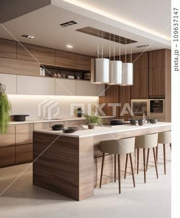 a modern kitchen with walnut and wooden cabinetry 109637147