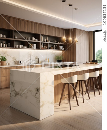 a modern kitchen with walnut and wooden cabinetry 109637151