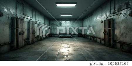 an empty prison cell with lights on it in a hallway 109637165