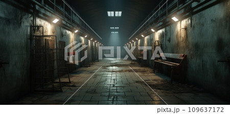 an empty prison cell with lights on it in a hallway 109637172