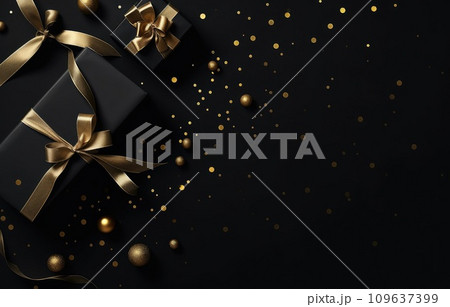 a christmas gift over a black background with gold confetti 109637399