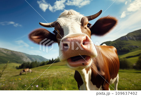 a close up picture of a cow in a green pasture 109637402