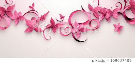 a white background with a pink ribbon and leaves a white background with a pink ribbon and leaves 109637409