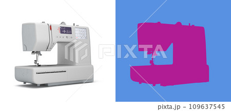 Concept atelier, fashion studio, fashion designer, tailor white sewing machine perspective left view 3d render on white with alpha 109637545