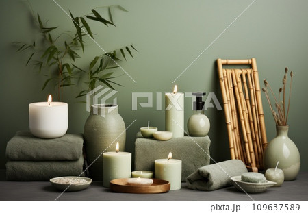 green bathroom with candle, bamboo brush, candle, hair dryer and soap green bathroom with candle, bamboo brush, candle, hair dryer and soap 109637589
