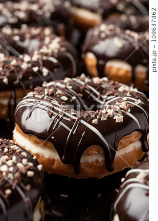 donuts covered in glazed, molten chocolate with chocolate sprinkles and drizzle donuts covered in glazed, molten chocolate with chocolate sprinkles and drizzle 109637862