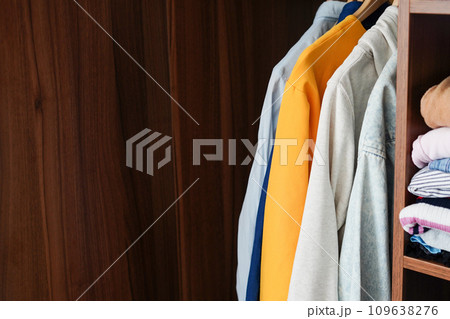 Wardrobe closet with different stylish clothes at home, copy space 109638276