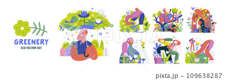 Greenery, ecology -modern flat vector concept illustration of people and plants. Metaphor of environmental sustainability and protection, closeness to nature, green life, ecosystem and biosphere Greenery, ecology -modern flat vector concept illustration of people and plants. Metaphor of environmental sustainability and protection, closeness to nature, green life, ecosystem and biosphere 109638287