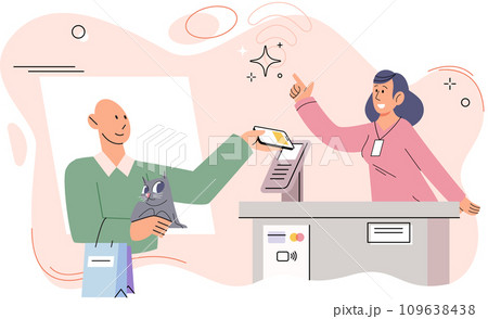 Mobile commerce concept. Man buys item in mobile phone apps in online store and pays for purchases with credit card at checkout with terminal. Online shopping and e-business, finance and payment 109638438