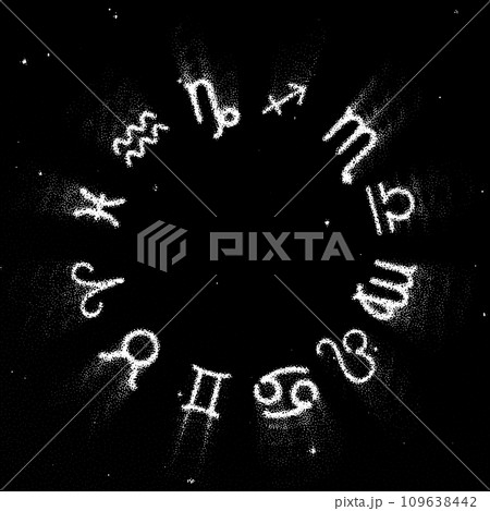 Astrology Zodiac signs wheel with twelve symbols in retro dotwork style. Full astrologic year, for New Years prognosis 109638442