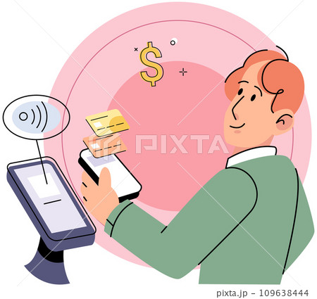 Man using pos terminal confirms payment using smartphone, Mobile cashless, online banking, money transaction. Online and mobile payments for web page, social media, documents, cards, posters 109638444