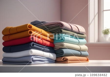 Cotton stack of colorful folded clothes on white table indoors empty space background. Household concept. Clean laundry pile.. AI 109638482