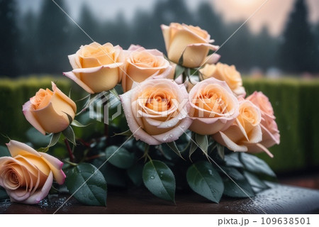 bouquet of roses at rainy funeral cemetery with bokeh. AI 109638501