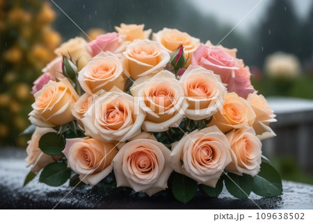 bouquet of roses at rainy funeral cemetery with bokeh. AI 109638502