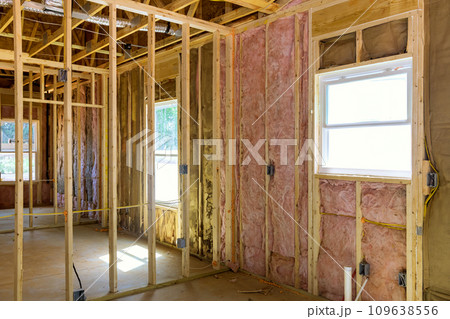 New home was constructed with thermal fiberglass insulation mineral rock wool installed on wall 109638556