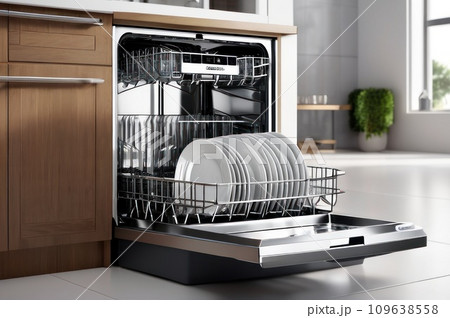 Dishwasher inside beautiful kitchen with white used dishes that prepared to wash. Electronic dish washer device in modern kitchen with white table top or cabinet and space. Housekeeping concept. AI 109638558