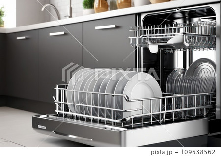 Dishwasher inside beautiful kitchen with white used dishes that prepared to wash. Electronic dish washer device in modern kitchen with white table top or cabinet and space. Housekeeping concept. AI 109638562