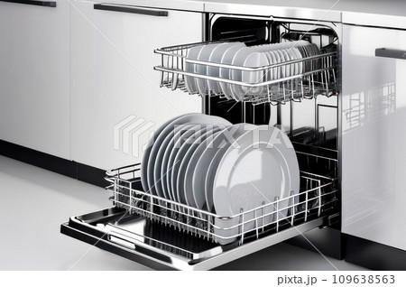 Dishwasher inside beautiful kitchen with white used dishes that prepared to wash. Electronic dish washer device in modern kitchen with white table top or cabinet and space. Housekeeping concept. AI 109638563
