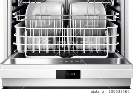 Dishwasher inside beautiful kitchen with white used dishes that prepared to wash. Electronic dish washer device in modern kitchen with white table top or cabinet and space. Housekeeping concept. AI 109638566