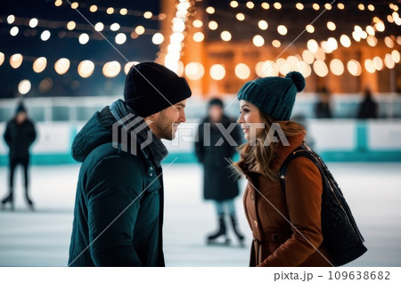 Young beautiful couple in love Caucasian man and beautiful woman have fun, active date ice skating on ice arena in evening city square in winter on Christmas Eve. Romantic night with lamps lights. AI 109638682