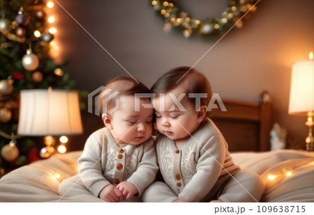 Magical morning. Christmas eve concept. Cozy room. Small children relaxing in bedroom. Toddlers on bed light interior with christmas decorations. Kids lay in bed relaxing. Sweet home.. AI Magical morning. Christmas eve concept. Cozy room. Small children relaxing in bedroom. Toddlers on bed light interior with christmas decorations. Kids lay in bed relaxing. Sweet home.. AI 109638715