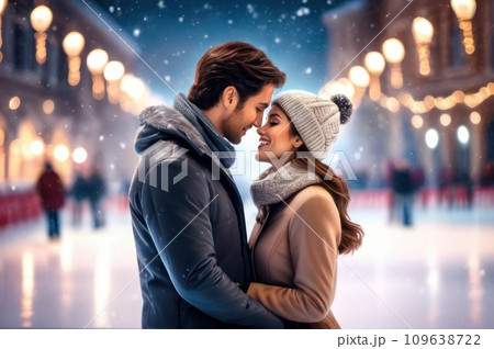 Young beautiful couple in love looking at each other and kissing. Caucasian man and beautiful woman active date ice skating on ice arena in evening winter on Christmas Eve. Romantic night. AI Young beautiful couple in love looking at each other and kissing. Caucasian man and beautiful woman active date ice skating on ice arena in evening winter on Christmas Eve. Romantic night. AI 109638722