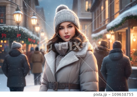 Happy woman on the background of street Christmas lights, Happy New Year, Merry Christmas, winter holiday, eve, walk through the city decorated with lights.. AI Happy woman on the background of street Christmas lights, Happy New Year, Merry Christmas, winter holiday, eve, walk through the city decorated with lights.. AI 109638755