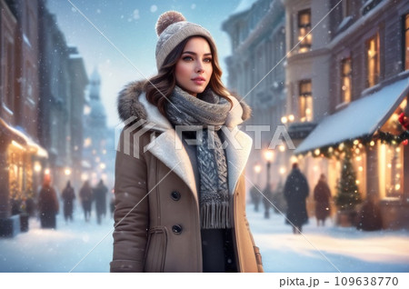 A woman wearing winter outfit whool scarf and grey hat stand in the snow on city street on christmas eve. Christmas and New Year holidays concept. AI 109638770