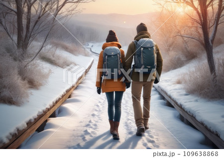 Young couple in winter hike. Young man and woman with trekking poles on snow covered mountain forest path. Two people with backpacks travel together. Friends walk on sunny day through the forest.. AI 109638868