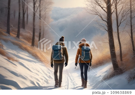 Young couple in winter hike. Young man and woman with trekking poles on snow covered mountain forest path. Two people with backpacks travel together. Friends walk on sunny day through the forest.. AI 109638869