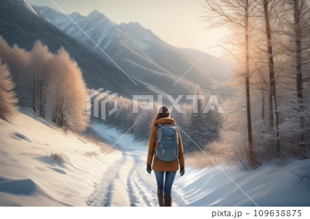 Happy woman tourist walking on the snowy trek on the forest mountain and look on the nice winter view in sunny cold day. Concept travel and freedom.. AI 109638875