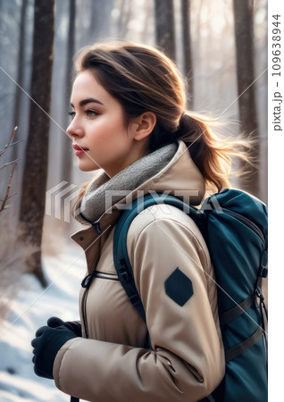 close up view of young woman with backpack walking on trail winter day. A girl in winter clothes in national park. Young female walks along snow-covered path. Healthy lifestyle in the fresh air.. AI 109638944