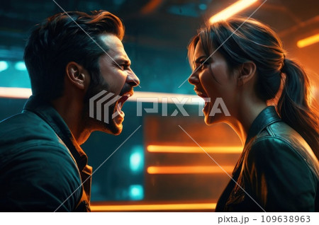 Young married couple violently fighting, wife and husband screaming at each other, heated argument. AI Young married couple violently fighting, wife and husband screaming at each other, heated argument. AI 109638963