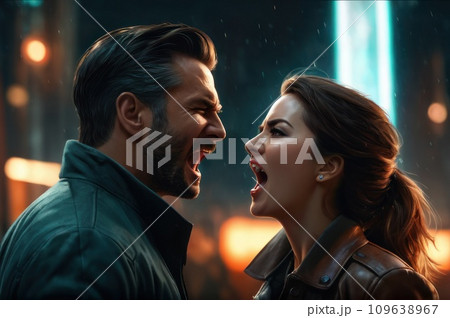 Young married couple violently fighting, wife and husband screaming at each other, heated argument. Domestic violence and family psychologist concept.. AI Young married couple violently fighting, wife and husband screaming at each other, heated argument. Domestic violence and family psychologist concept.. AI 109638967