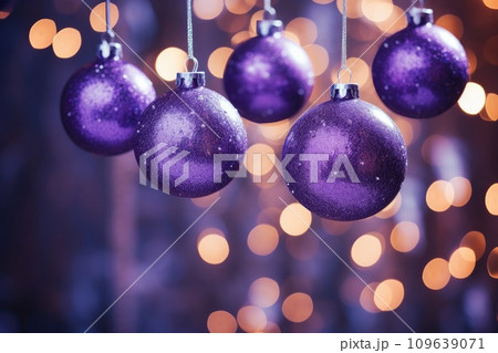 Christmas decorations with purple christmas balls and place for text. 109639071