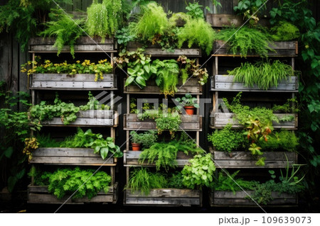 Recycled pallets with hanging plants creating a vertical garden 109639073