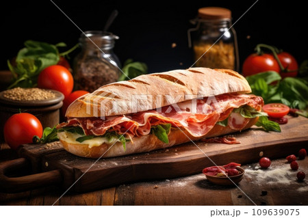 Sandwich with prosciutto, tomato and cheese on a wooden rustic background. 109639075