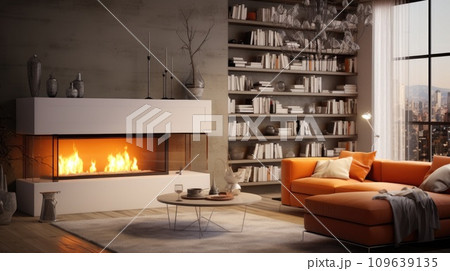 Gas fireplace in a modern cozy living room 109639135