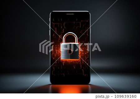 Cyber security, mobile phone with safety lock system for network. Smartphone screen for privacy, antivirus or hacking 109639160